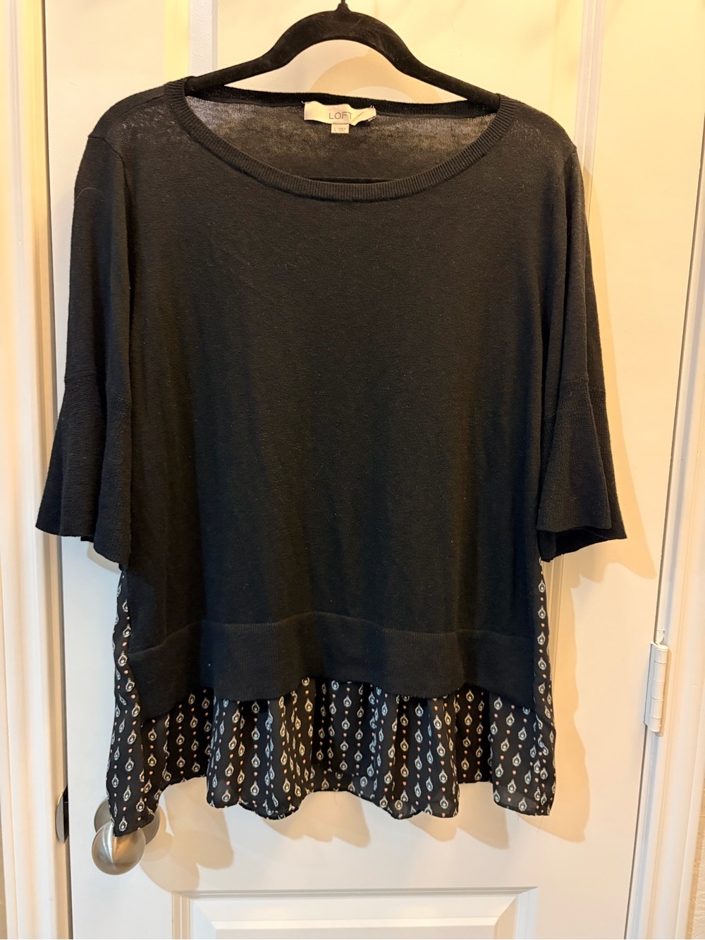 LOFT Black Mixed Media Tunic Top Large Bell Sleeve Printed Flowy Blouse